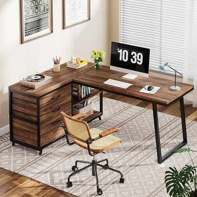 Reversible 53-inch L Shaped Desk with 3 Drawer, Farmhouse Corner Desk Gaming Table with Shelves and File Cabinet for Letter Size & Legal Size File for Home Office and Small Space - LeafyLoom