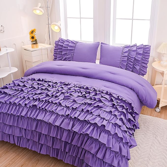 Girls Comforter Set Queen, Lavender Ruffle Bedding Set Queen, Purple Comforter Sets for Queen Size Bed with Sheets, Girls Queen Bedroom Comforter Set - LeafyLoom