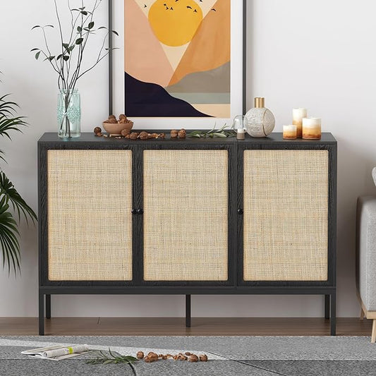 Sideboard Buffet Cabinet with Handmade Natural Decorated Doors, Accent Rattan Cabinet, Table, Metal Legs for Living Room, Hallway, Entryway, Black 3 doors - LeafyLoom