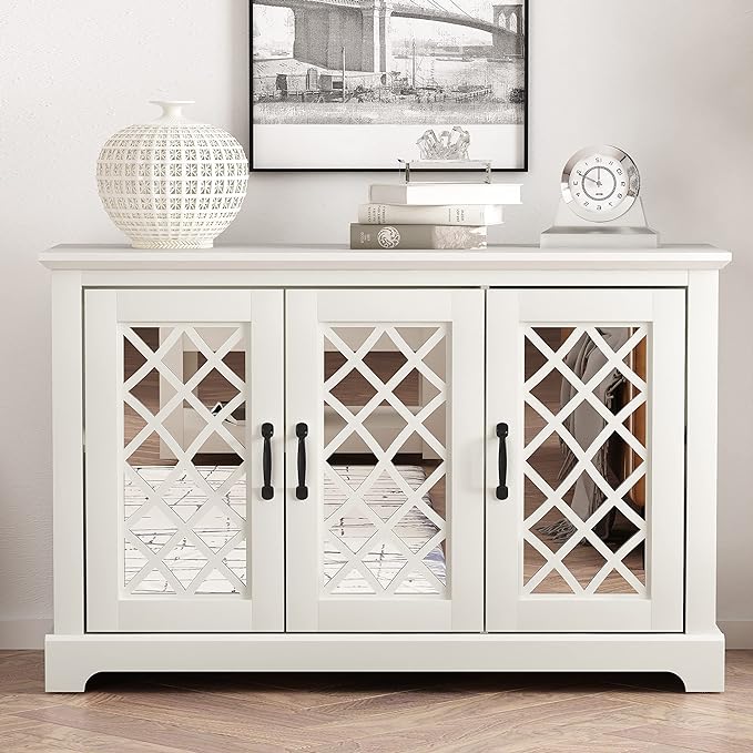 Galano Millicent 3 Door Sideboard with Acrylic Mirrors, Kitchen Buffet Cabinet, Farmhouse Coffee Bar Display Cabinet for Home Kitchen, Living Room, Dining Room and Hallway, Ivory - LeafyLoom