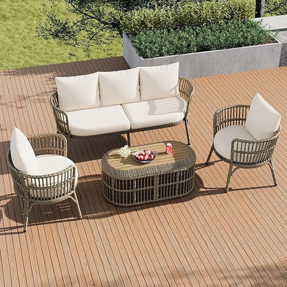 Furniture 4-Piece Outdoor Patio Conversation Seating for 5 Person and Coffee Table, Rattan Chair Wicker Sofa Bistro Sets for Porch, Backyard and Garden, Brown - LeafyLoom