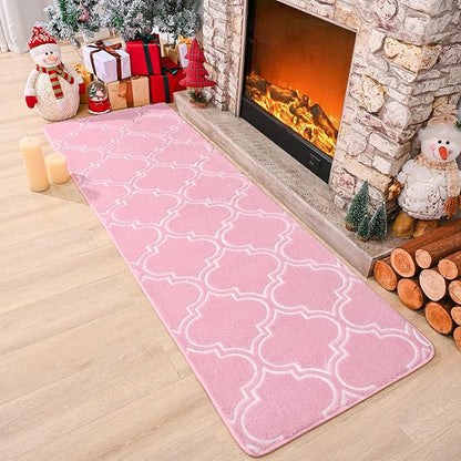 Chicrug Shag Geometric Modern Runner Rug for Bedroom, 2x6 Feet Memory Foam Indoor Hallway Runner Carpet, Fluffy Rug for Living Room Bedside Room Decor for Family, Pink/White - LeafyLoom