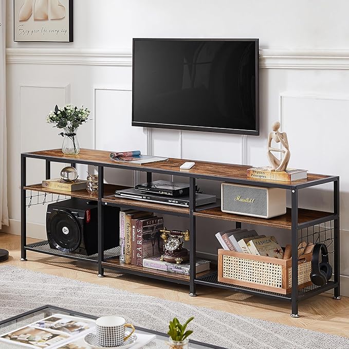 VECELO TV Stand for Televisions up to 75 Inch, Industrial Entertainment Center with 3-Tier Open Storage Shelves& Hooks for Living, Bedroom and Gaming Room, 70 Inch, Retro Brown - LeafyLoom