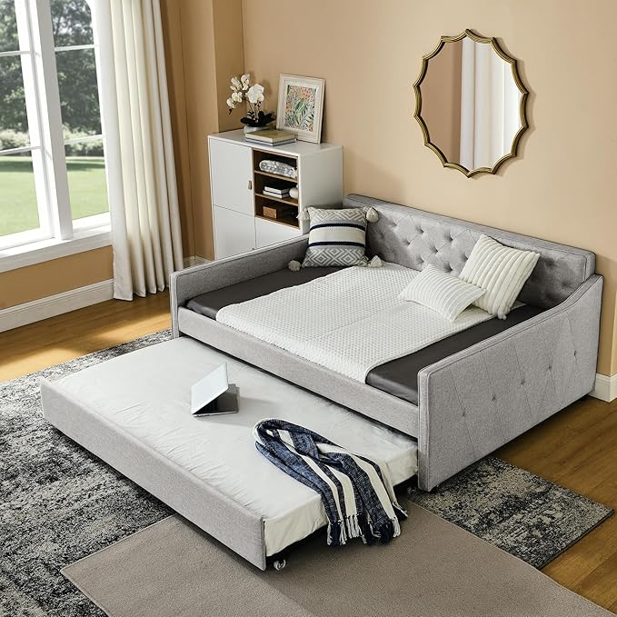 Full Size Upholstered Tufted Daybed with Twin Size Trundle, Pull Out Button on Back Bed, Waved Shape Arms for Bedroom, Living Room,No Need Boxing Spring - LeafyLoom