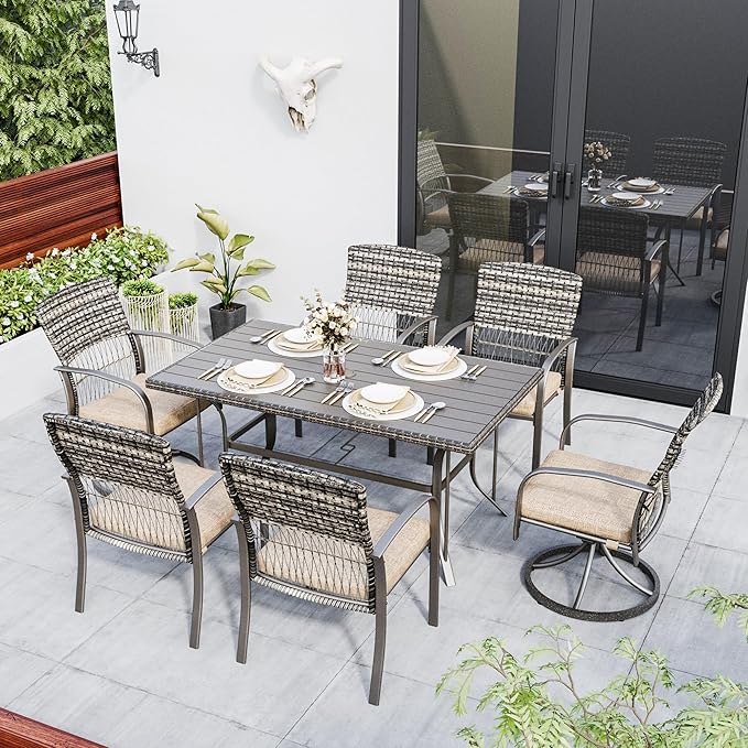 Pamapic 7 Piece Patio Dining Set for 6,Wicker Outdoor Furniture Set for Backyard Garden Deck Poolside with Iron Slats Table Top,4 Dining Chairs and 2 Swivel Rockers,Removable Cushions(Beige) - LeafyLoom