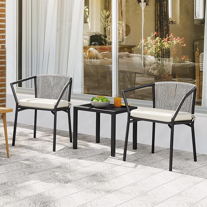 YITAHOME Wicker 3-Piece Outdoor Bistro Set, All-Weather Patio Conversation Set with Stackable Chairs & Table, Outdoor Sectional Furniture Set for Balcony, Backyard, Pool, Porch, Deck - Grayish White - LeafyLoom