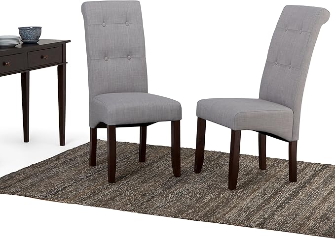 SIMPLIHOME Cosmopolitan Parson Dining Chair (Set of 2), Dove Grey Linen Look Fabric and SOLID WOOD, Square, Upholstered, For the Dining Room, Transitional Modern - LeafyLoom