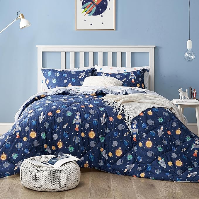 Kids Bedding Set for Boys, Twin Size 5 Pieces Space Themed Bed in a Bag, Super Soft Lightweight Microfiber Comforter Set with Sheets, Hotel Quality Durable Children Bed Set - LeafyLoom