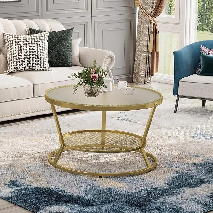 O&K FURNITURE Round Gold Coffee Table, 2-Tier Coffee Table for Living Room, Gold Glass Coffee Table with Ring-Shaped Frames, Center Table for Home&Office, Gold Finish - LeafyLoom