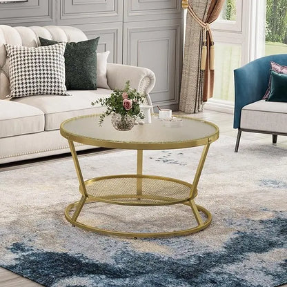 O&K FURNITURE Round Gold Coffee Table, 2-Tier Coffee Table for Living Room, Gold Glass Coffee Table with Ring-Shaped Frames, Center Table for Home&Office, Gold Finish - LeafyLoom