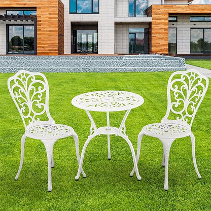 3 Piece Patio Set Outdoor Cast Aluminum Patio Bistro Table and Chairs Set of 2,All Weather Outdoor Bistro Sets with 1.97" Umbrella Hole for Front Porch Set,Garden(White) - LeafyLoom