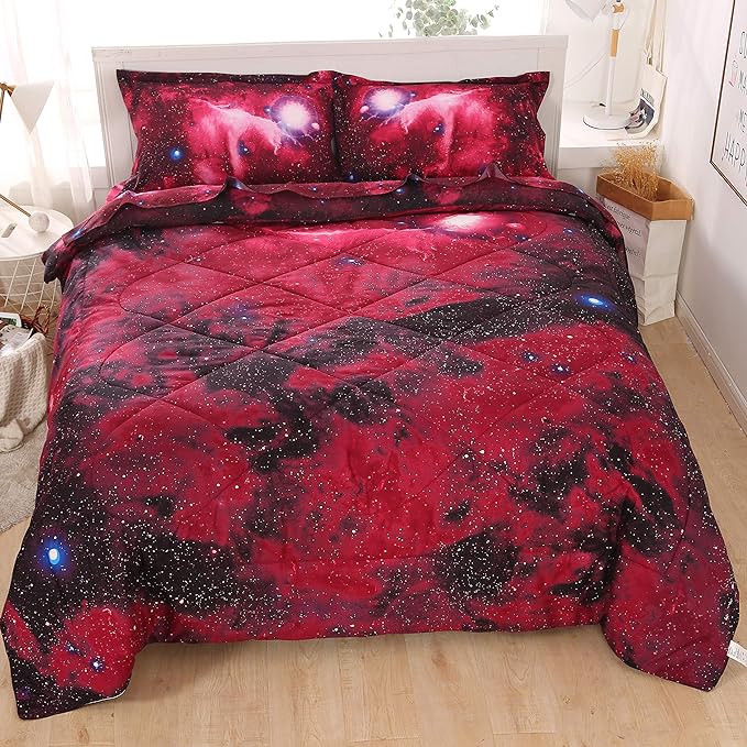 Wowelife Galaxy Bedding Sets for Boys and Girls 5-Piece Full, Premium Galaxy Bed in a Bag Red, 3D Galaxy Comforter Set, Comfortable and Soft Kids Bedding Set - LeafyLoom