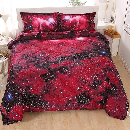 Wowelife Galaxy Bedding Sets for Boys and Girls 5-Piece Full, Premium Galaxy Bed in a Bag Red, 3D Galaxy Comforter Set, Comfortable and Soft Kids Bedding Set - LeafyLoom