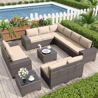 Patio Furniture Set Sofa 12-Pieces Wicker Sectional Sofa Set, Outdoor Furniture Rattan Patio Conversation Set with Thickened Cushions and Glass Coffee Table, Sand - LeafyLoom