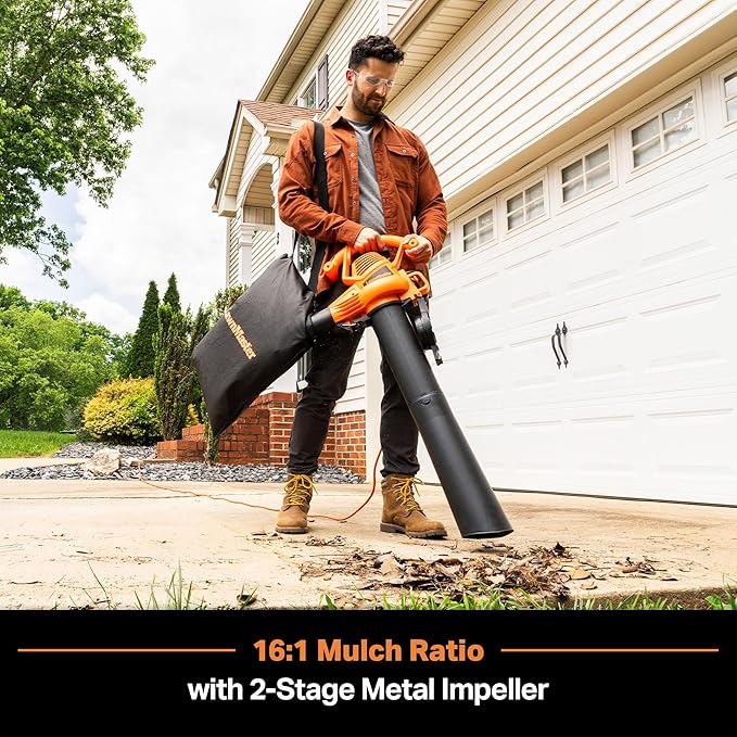 LawnMaster BV1210 Electric Blower Vacuum Mulcher 12 Amp 2-Speed Adjustment with Metal Impeller 240 MPH 380 CFM 16:1 Mulch Ratio - LeafyLoom