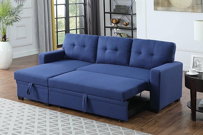 RITSU L-Shaped Convertible Sectional Sofa, Pull Out Sleeper Bed Corner Couch with Storage Space, Linen Tufted Cushions, for Living Room,Office,Apartment, Blue, 82 inch - LeafyLoom