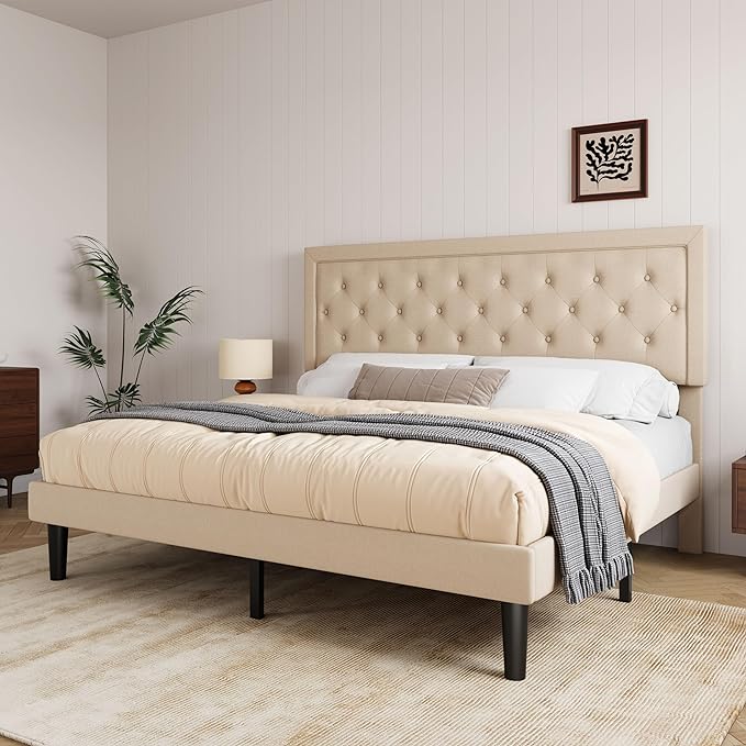 Allewie King Size Platform Bed Frame/Fabric Upholstered Bed Frame with Diamond Button Tufted Headboard/Adjustable Headboard/Wood Slat Support/Mattress Foundation/Beige (King) - LeafyLoom