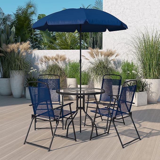 Flash Furniture Nantucket 6-Piece Patio Dining Set with Glass Table, 4 Folding Chairs, and Umbrella, Outdoor Patio Table, Chairs, Umbrella Set, Navy - LeafyLoom