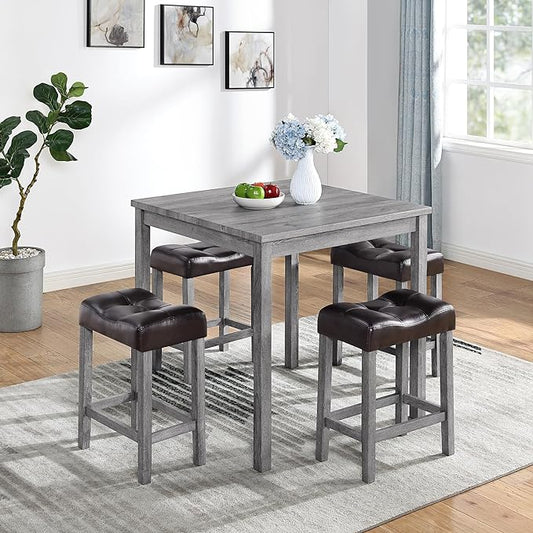 Home Kitchen 5 Piece Dining Set, Breakfast Tables with 4 Padded Stools, Industrial Bar Dinette Furniture for Living Room, Apartment, Space-Saving Design, Brown+Gray - LeafyLoom