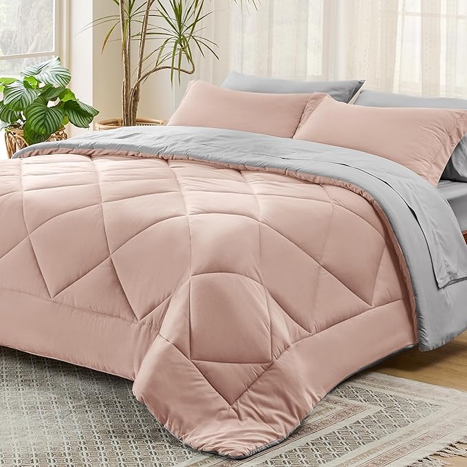 Bedsure Blush Pink Twin Comforter Set - 5 Pieces Reversible Twin Bed in a Bag, Extra Long Twin Bed Set with Comforters, Sheets, Pillowcase & Sham, Twin Bedding Sets for College - LeafyLoom