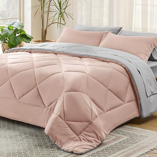 Bedsure Blush Pink Queen Comforter Set - 7 Pieces Reversible Queen Bed in a Bag Queen Bed Set with Comforters, Sheets, Pillowcases & Shams, Queen Bedding Sets - LeafyLoom