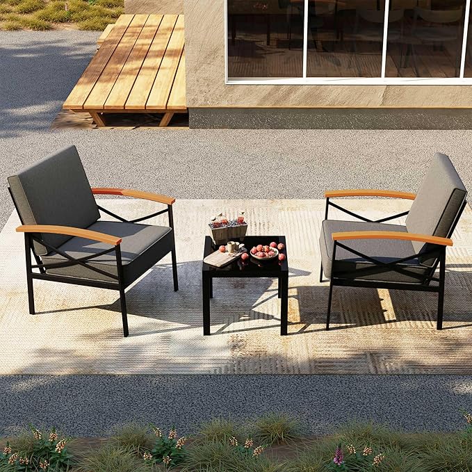 Shintenchi 3 Piece Metal Outdoor Patio Furniture Set, Modern Outdoor Metal Chairs Conversation Furniture Set with Coffee Table for Patio,Backyard,Balcony, Poolside (Dark Grey) - LeafyLoom