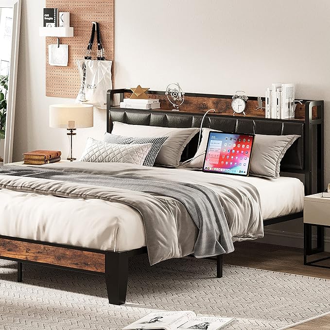 LIKIMIO Queen Bed Frame, Storage Headboard with Charging Station, Solid and Stable, Noise Free, No Box Spring Needed, Easy Assembly (Vintage and Black) - LeafyLoom