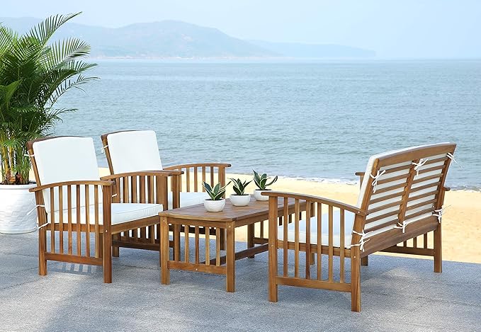 SAFAVIEH Outdoor Collection Rocklin Natural/ Beige 4-Piece Conversation Patio Set with Cushions - LeafyLoom