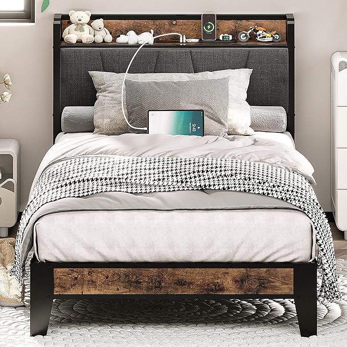 LIKIMIO Twin Bed Frames, Storage Headboard with Charging Station, Solid and Stable, Noise Free, No Box Spring Needed, Easy Assembly - LeafyLoom