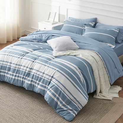 Bedsure Full Size Bed Sets 7 Pieces - Blue Striped Beddubg All Season Comforter Set, Bed in a Bag with 1 Comforter, 2 Sheets, 2 Pillowcases & 2 Shams - LeafyLoom