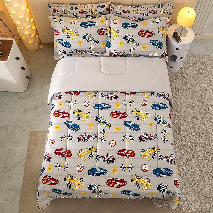 Mooreeke Full Size Comforter Sets for Boys Kids, 8 Pieces Bed in a Bag Racing Car Bedding Comforter Sheet Set with Shams and Decorative Toy Pillow, Ultral Soft Microfiber Kids Bed Set - LeafyLoom