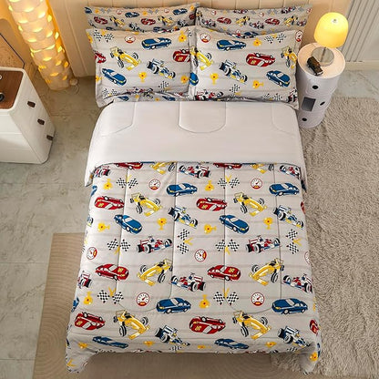 Mooreeke Queen Size Comforter Sets for Boys Kids, 8 Pieces Bed in a Bag Racing Car Bedding Comforter Sheet Set with Shams and Decorative Toy Pillow, Ultral Soft Microfiber Kids Bed Set - LeafyLoom