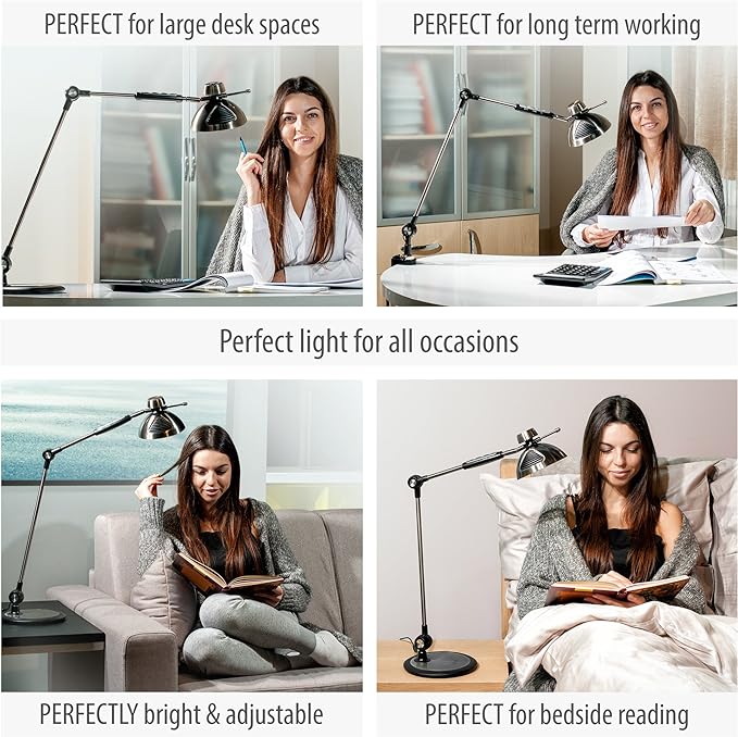 OTUS Desk Lamp Gesture Control, LED Architect Desk lamp for Home Office, Adjustable Metal Swing Arm, Tall Task Light for Drafting or Bedside Table Reading, 12 Brightness, 3 Touch Eye-Caring Modes - LeafyLoom