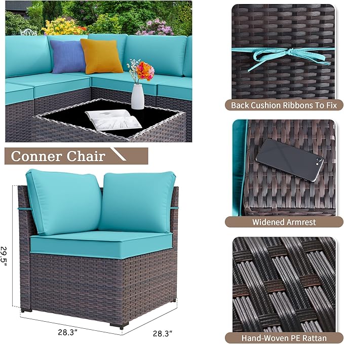 Patio Furniture Sectional Sofa Set 13-Pieces PE Rattan Patio Conversation Set w/43in Gas Fire Pit Table, Outdoor Furniture with 55000 BTU Propane Fire Pit, Blue - LeafyLoom