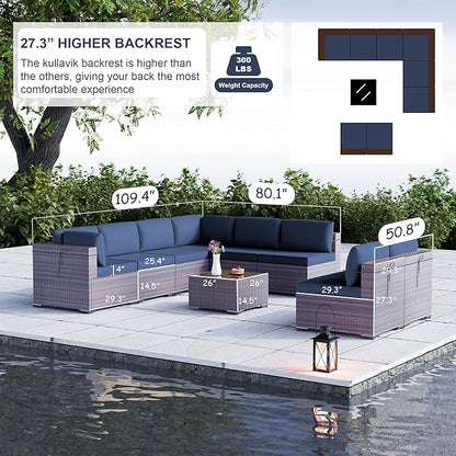 Kullavik 9PCS Outdoor Patio Furniture Set PE Wicker Rattan Sectional Sofa Patio Conversation Sets,Navy blue - LeafyLoom