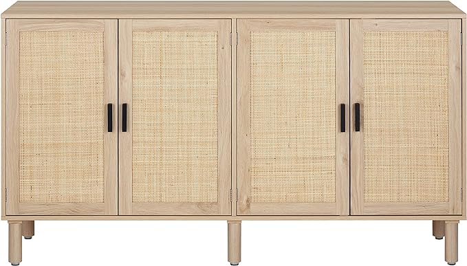 Finnhomy 4 Door Sideboard Buffet Cabinet, Kitchen Storage Cabinet with Rattan Decorated Doors, Cupboard Console Table, Boho Accent Liquor Cabinet, Bar Cabinet, 62.3X 15.7X 34.6 Inches, Natural - LeafyLoom