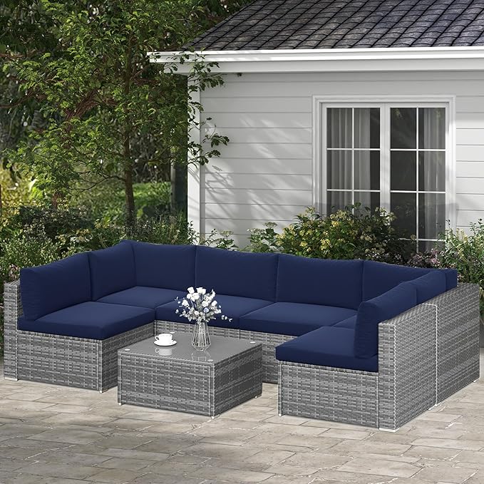 SUNVIVI OUTDOOR 7 Piece Patio Furniture Sets All Weather Grey PE Wicker Couch Sofa with Glass Table, Removable Navy Blue Cushions - LeafyLoom