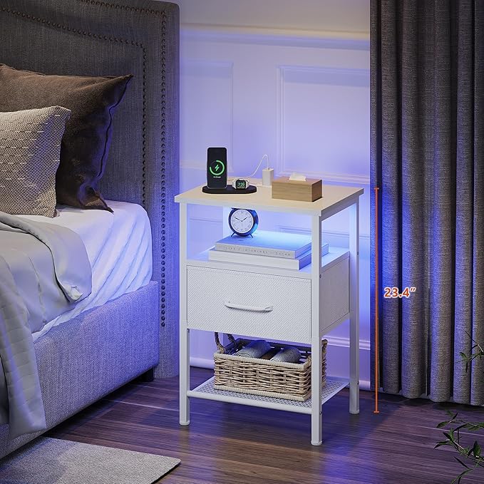 Night Stand, End Table with Charging Station, LED Bedside Table with Fabric Drawer for Bedroom, 3-Tier Side Table with Open Shelf, White - LeafyLoom