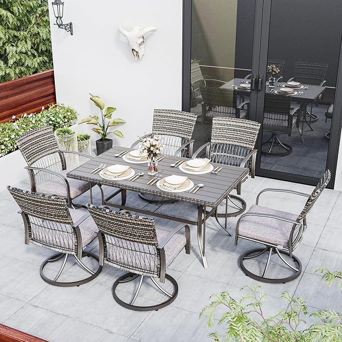 Pamapic 7 Piece Patio Dining Set for 6,Wicker Outdoor Furniture Set for Backyard Garden Deck Poolside with Iron Slats Table Top,6 Cushions Swivel Rocker Chairs,Removable Cushions(Gray) - LeafyLoom