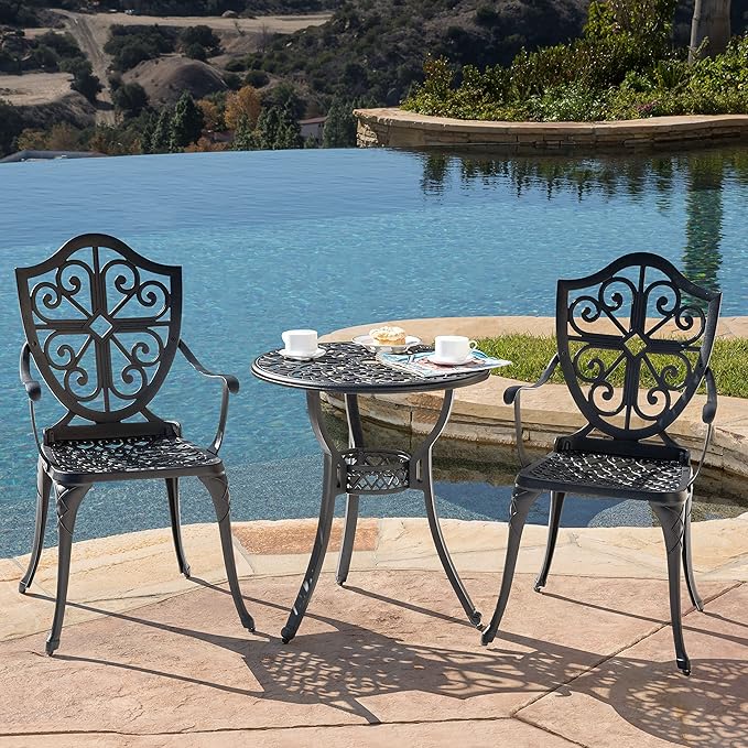 NUU GARDEN 3 Piece Outdoor Bistro Set All Weather Cast Aluminum Patio Set Bistro Table Set Rustproof Patio Table and Chairs with Umbrella Hole for Backyard, Balcony, Front Porch, Black - LeafyLoom