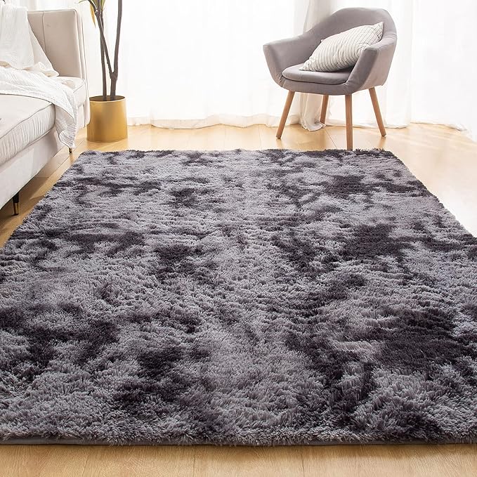 YOBATH Soft Shag Area Rug for Bedroom, 5x8 Feet Fluffy Shaggy Carpet for Living Room Nursery Playroom Baby Kids Girls Room Classroom, Fuzzy Plush Rug Room Decor, Tie-Dyed Dark Grey - LeafyLoom