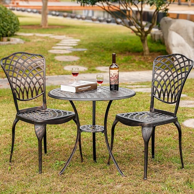 Patio Bistro Set 3 Piece Outdoor Cast Aluminum Bistro Table and Chairs Set of 2 with 1.97" Umbrella Hole,All Weather Outdoor Bistro Set for Front Proch Set (Bronze) - LeafyLoom