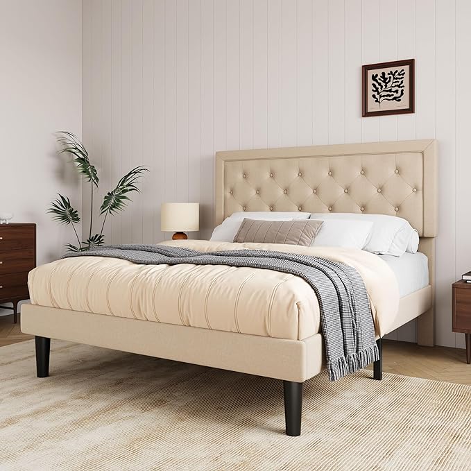 Allewie Full Size Button Tufted Platform Bed Frame/Fabric Upholstered Bed Frame with Adjustable Headboard/Wood Slat Support/Mattress Foundation/Beige (Full) - LeafyLoom