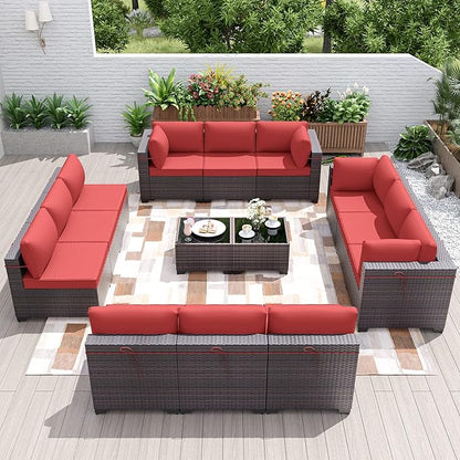 Patio Furniture Set 14-Pieces Outdoor Furniture for Backyard Wicker Sectional Sofa Set, Rattan Patio Conversation Set with Thickened Cushions and Glass Coffee Table, Red - LeafyLoom