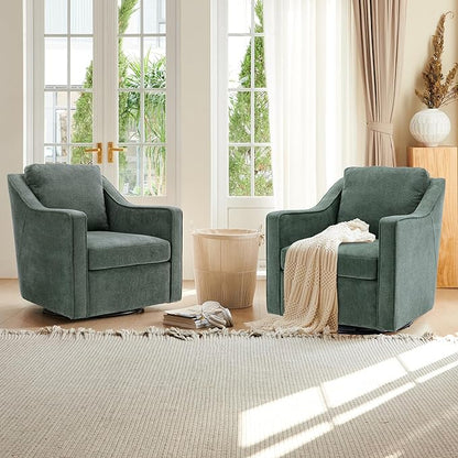 COLAMY 360° Swivel Accent Chair Set of 2, Upholstered Fabric Leisure Armchair with Lumbar Pillow for Living Room Bedroom Home Office, Green - LeafyLoom