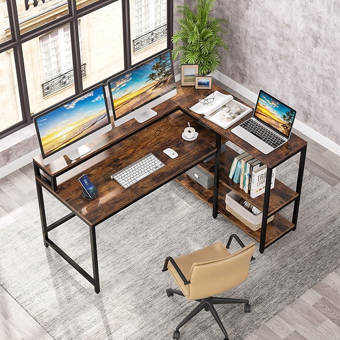 Reversible L Shaped Computer Desk with Storage Shelf, Industrial Corner Desk with Monitor Stand for Home Office - LeafyLoom