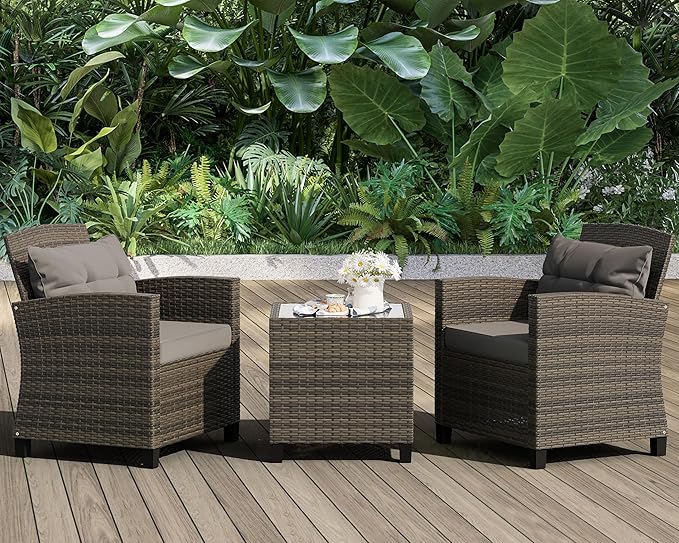 Shintenchi 3 Pieces Patio Furniture Set 3 Pieces PE Rattan Wicker Chairs with Table Outdoor Furniture for Backyard/Garden/Poolside/Outdoor Restaurant Gary Rattan with Gary Cushion - LeafyLoom