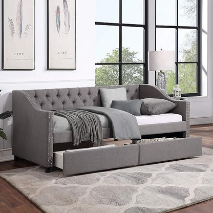 Twin Size Upholstered Linen Fabric Daybed with Two Drawers,Wooden Storage Bed Frame,W/Diamond-Tufted Backrest & 2 Armrests,Wood Slat Support,for Living Room Bedroom,Gray - LeafyLoom