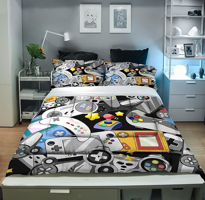 Sunnycitron Gaming Comforter for Boys Teen Gamer Comforter Queen Size Gaming Bedding Kids Bed Comforter set Boys Bedding quilt Down Alternative Comforter Game Room Decor,1 Comforter +2Pillowcase - LeafyLoom