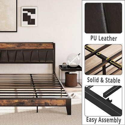 LIKIMIO King Bed Frame, Storage Headboard with Charging Station, Solid and Stable, Noise Free, No Box Spring Needed, Easy Assembly (Vintage and Black) - LeafyLoom